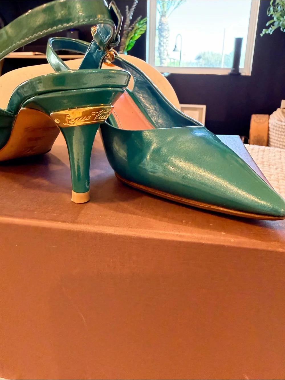 Louis Vuitton Teal Patent Pointed-Toe Slingback Heels